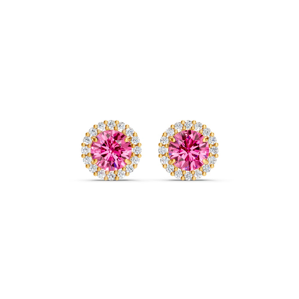 Pink Sapphire Diamond Round Halo Stud Earrings with Floral Basket
