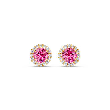 Pink Sapphire Diamond Round Halo Stud Earrings with Floral Basket