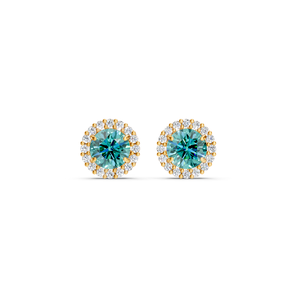 Paraiba Tourmaline Diamond Round Halo Stud Earrings with Floral Basket