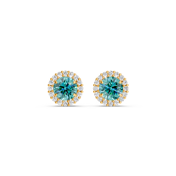 Paraiba Tourmaline Diamond Round Halo Stud Earrings with Floral Basket