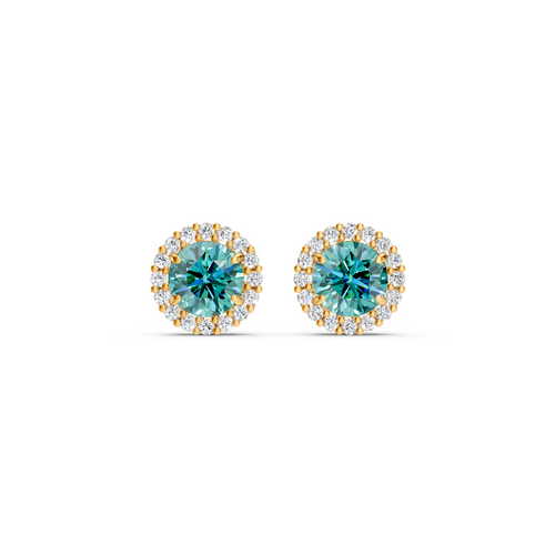 Paraiba Tourmaline Diamond Round Halo Stud Earrings with Floral Basket