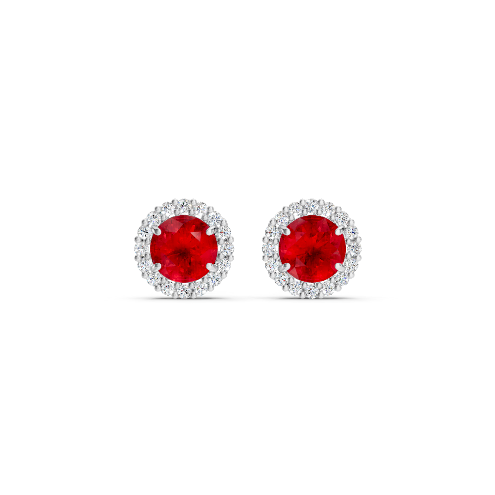 Ruby Diamond Round Halo Stud Earrings with Floral Basket