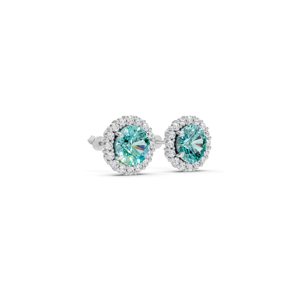 Paraiba Tourmaline Diamond Round Halo Stud Earrings with Floral Basket