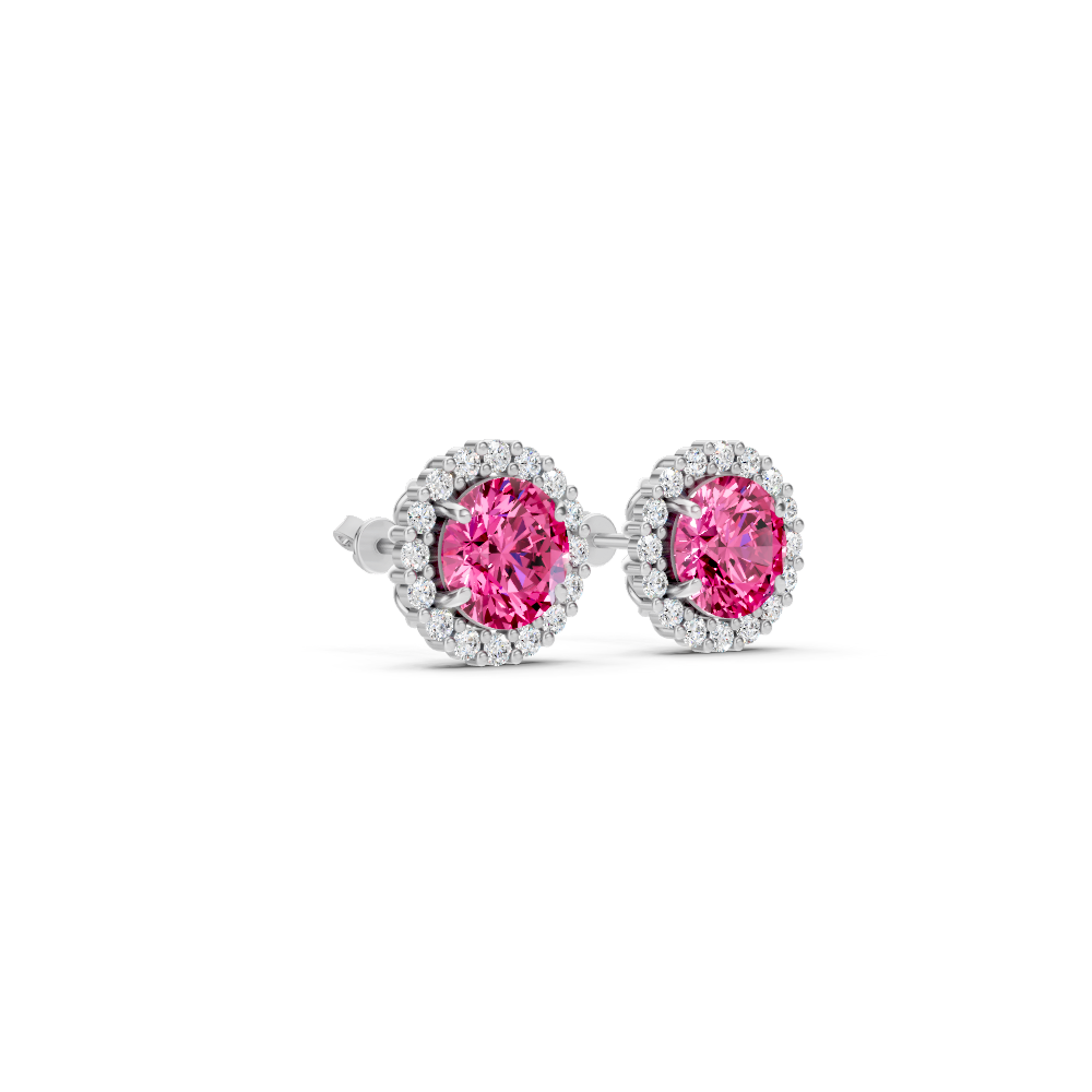 Pink Sapphire Diamond Round Halo Stud Earrings with Floral Basket