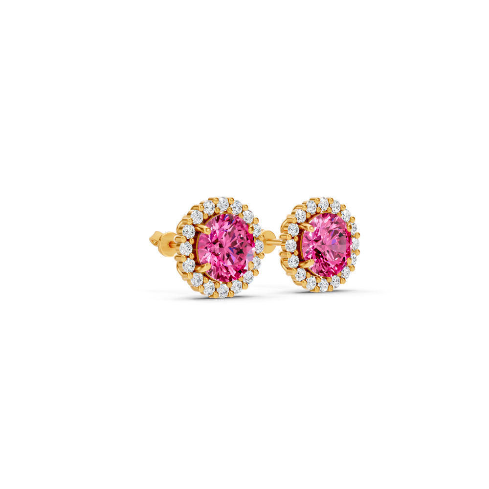 Pink Sapphire Diamond Round Halo Stud Earrings with Floral Basket