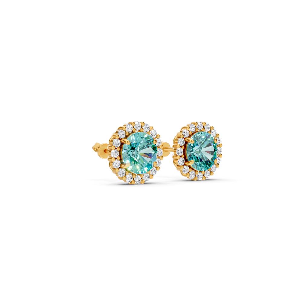 Paraiba Tourmaline Diamond Round Halo Stud Earrings with Floral Basket
