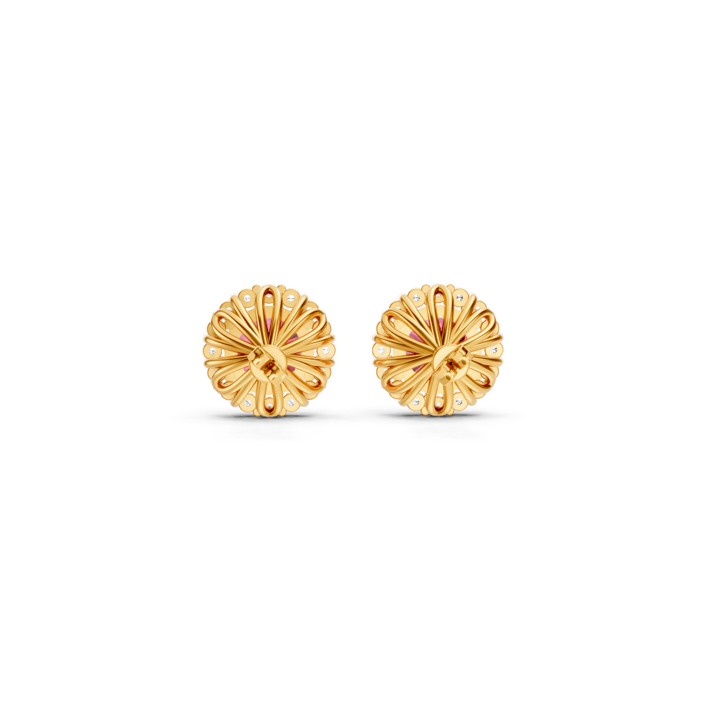 Pink Sapphire Diamond Round Halo Stud Earrings with Floral Basket