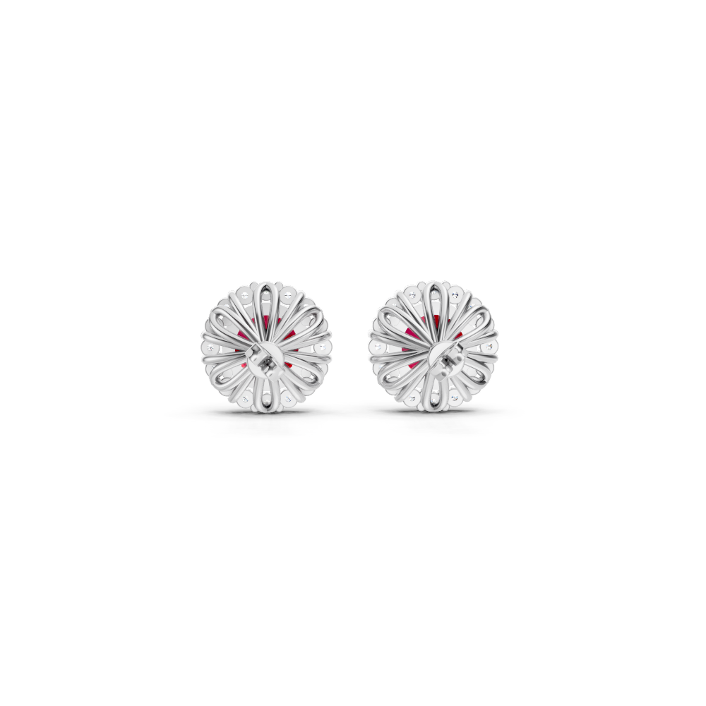 Ruby Diamond Round Halo Stud Earrings with Floral Basket