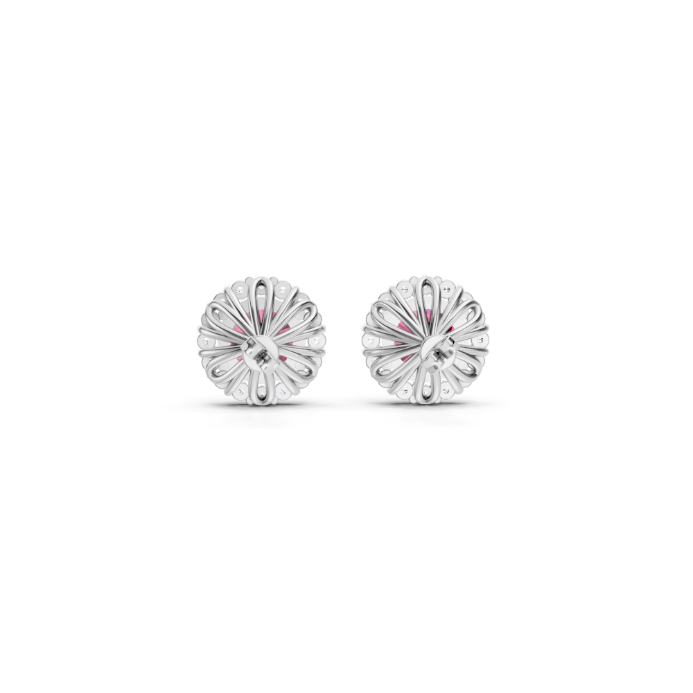 Pink Sapphire Diamond Round Halo Stud Earrings with Floral Basket