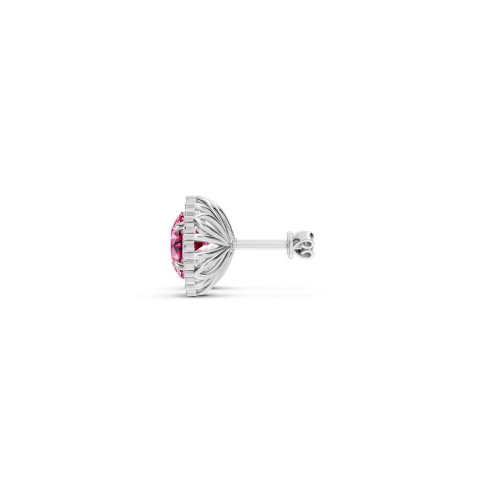 Pink Sapphire Diamond Round Halo Stud Earrings with Floral Basket