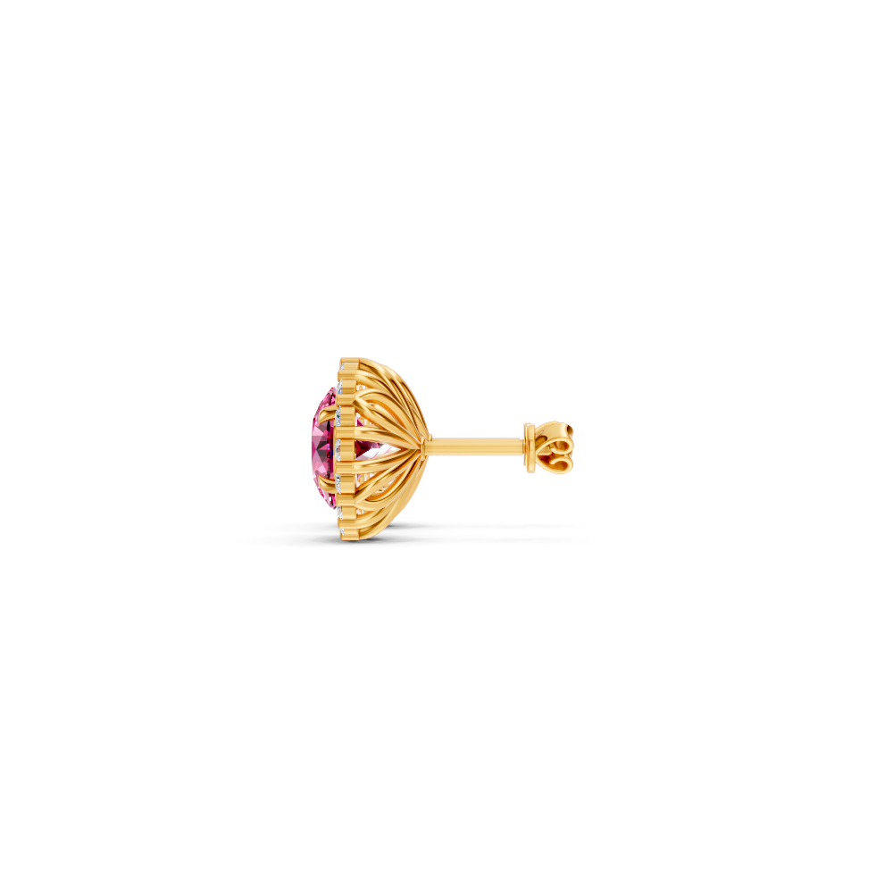 Pink Sapphire Diamond Round Halo Stud Earrings with Floral Basket