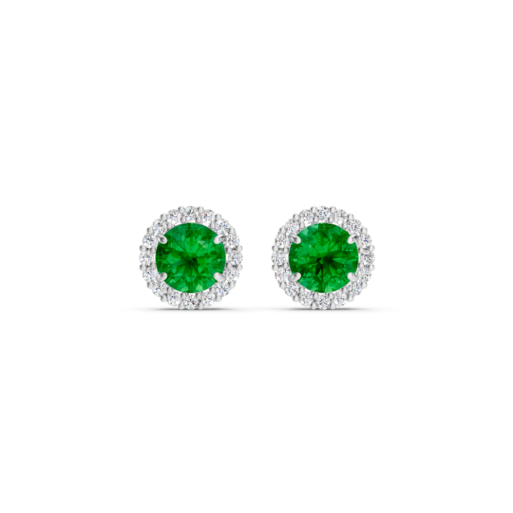 Colombian Emerald Diamond Round Halo Stud Earrings with Floral Basket