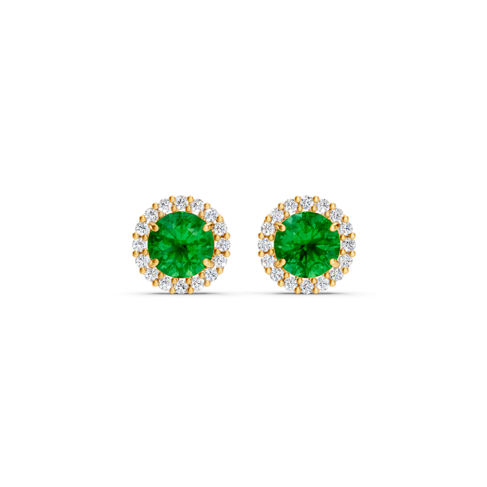 Colombian Emerald Diamond Round Halo Stud Earrings with Floral Basket