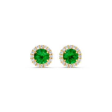 Colombian Emerald Diamond Round Halo Stud Earrings with Floral Basket