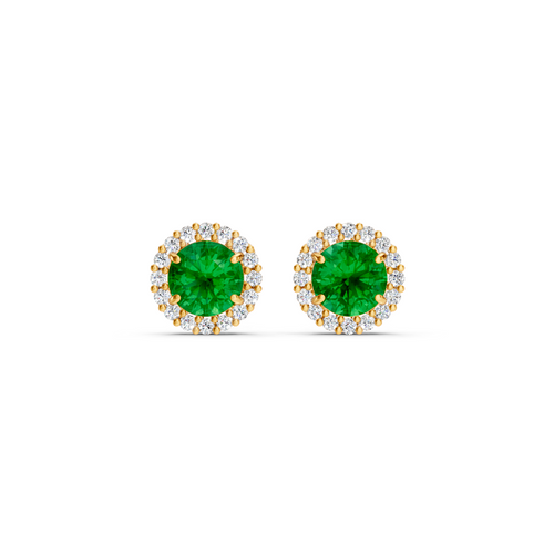 Colombian Emerald Diamond Round Halo Stud Earrings with Floral Basket