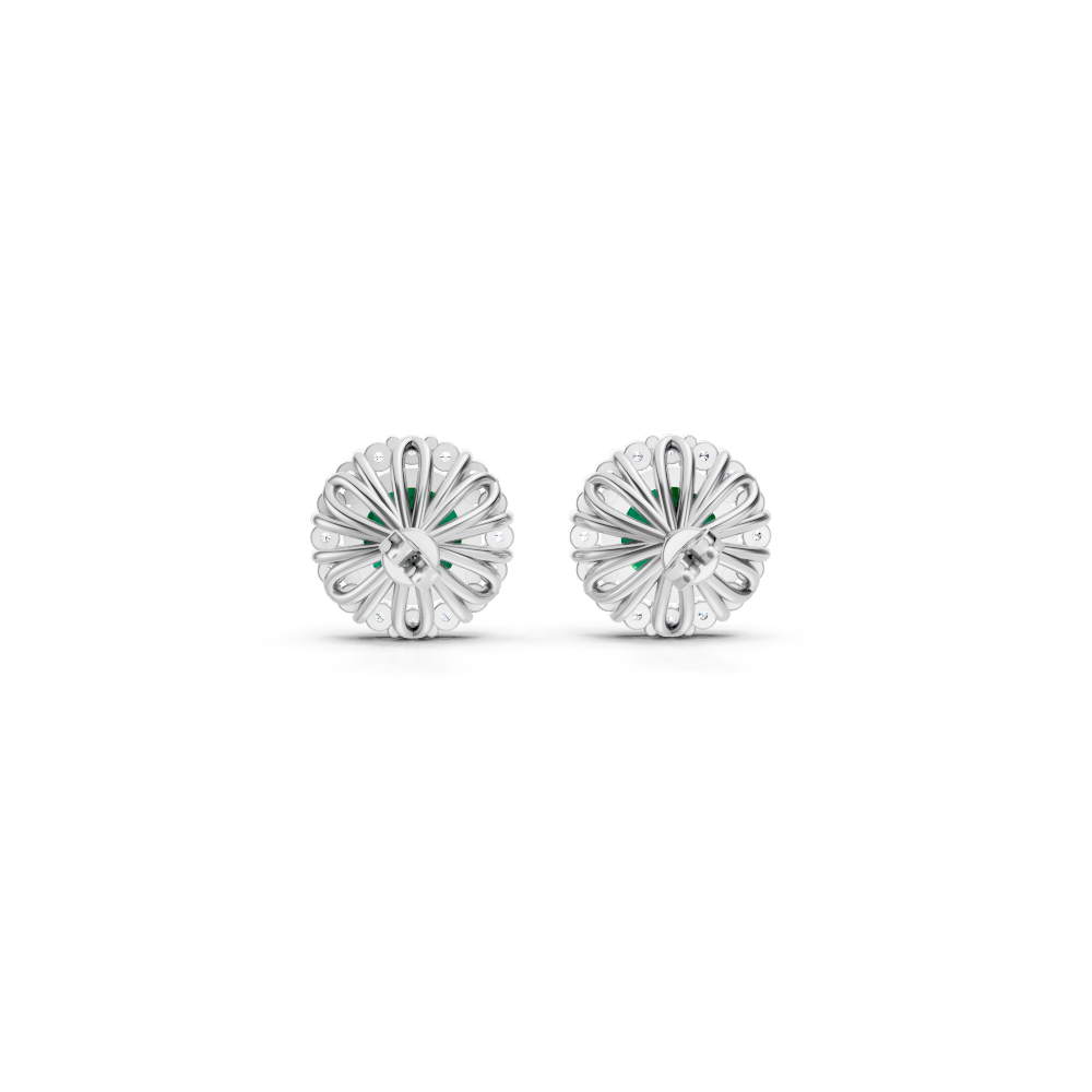 Colombian Emerald Diamond Round Halo Stud Earrings with Floral Basket