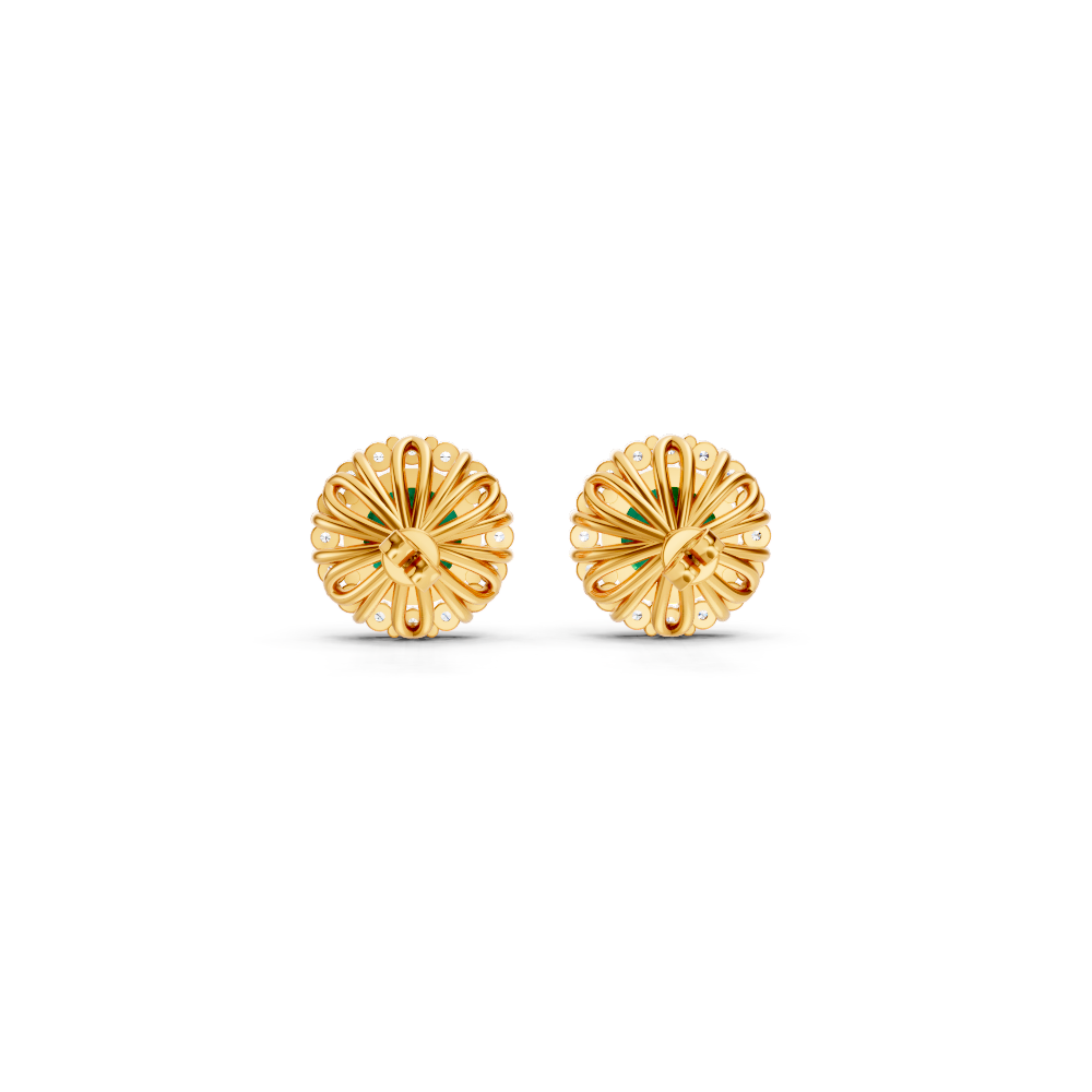 Colombian Emerald Diamond Round Halo Stud Earrings with Floral Basket