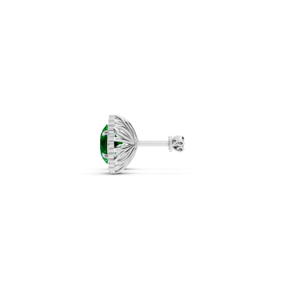 Colombian Emerald Diamond Round Halo Stud Earrings with Floral Basket