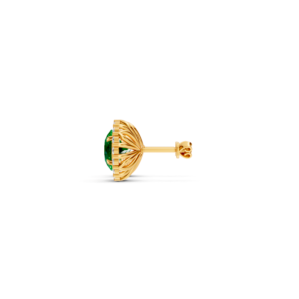 Colombian Emerald Diamond Round Halo Stud Earrings with Floral Basket