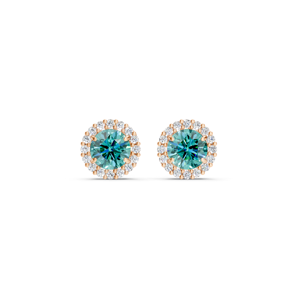 Paraiba Tourmaline Diamond Round Halo Stud Earrings with Floral Basket