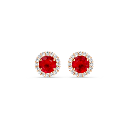 Ruby Diamond Round Halo Stud Earrings with Floral Basket