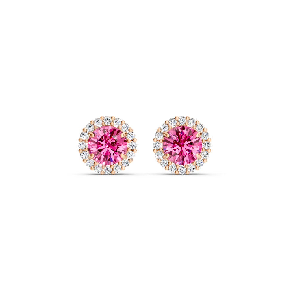 Pink Sapphire Diamond Round Halo Stud Earrings with Floral Basket