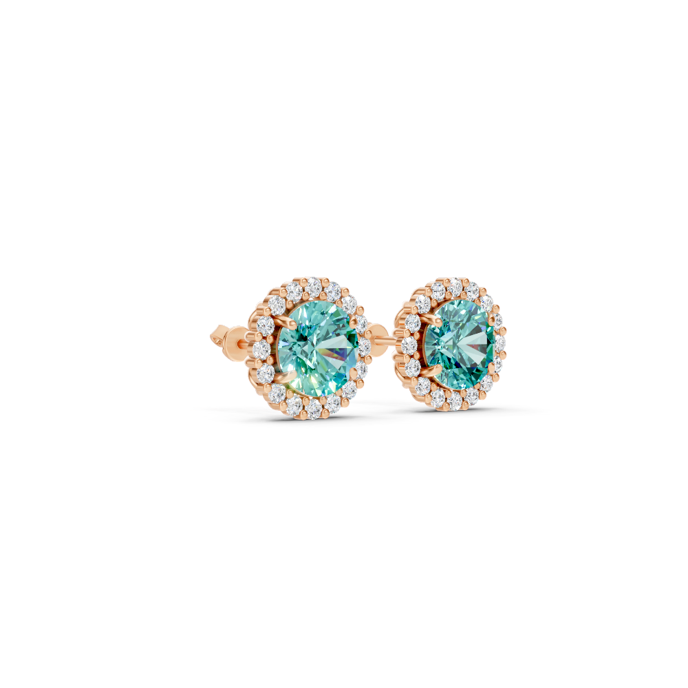 Paraiba Tourmaline Diamond Round Halo Stud Earrings with Floral Basket