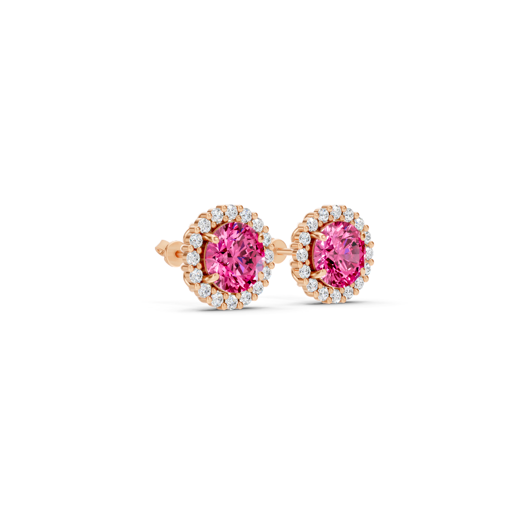 Pink Sapphire Diamond Round Halo Stud Earrings with Floral Basket