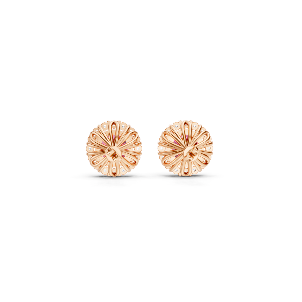 Pink Sapphire Diamond Round Halo Stud Earrings with Floral Basket
