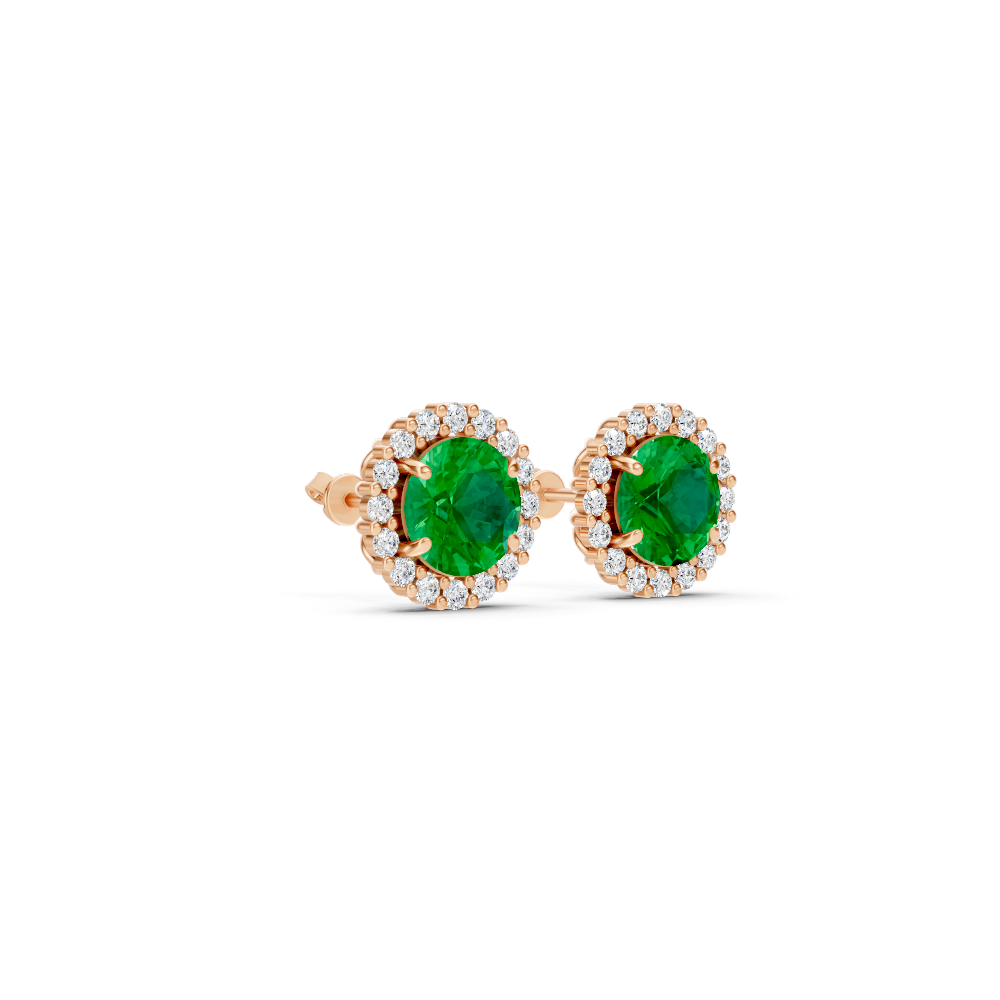 Colombian Emerald Diamond Round Halo Stud Earrings with Floral Basket