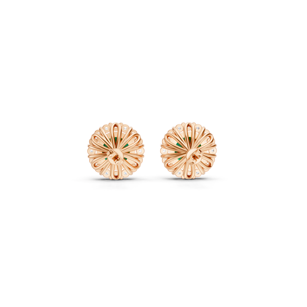 Colombian Emerald Diamond Round Halo Stud Earrings with Floral Basket