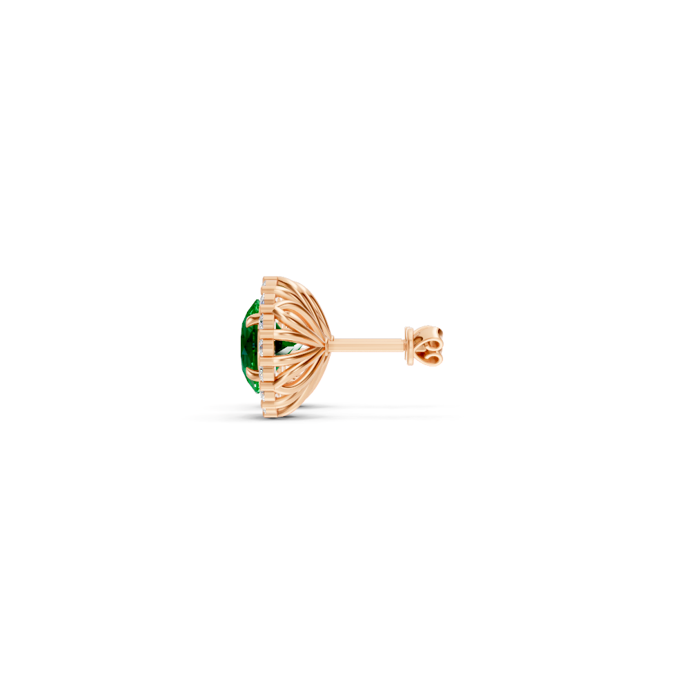 Colombian Emerald Diamond Round Halo Stud Earrings with Floral Basket
