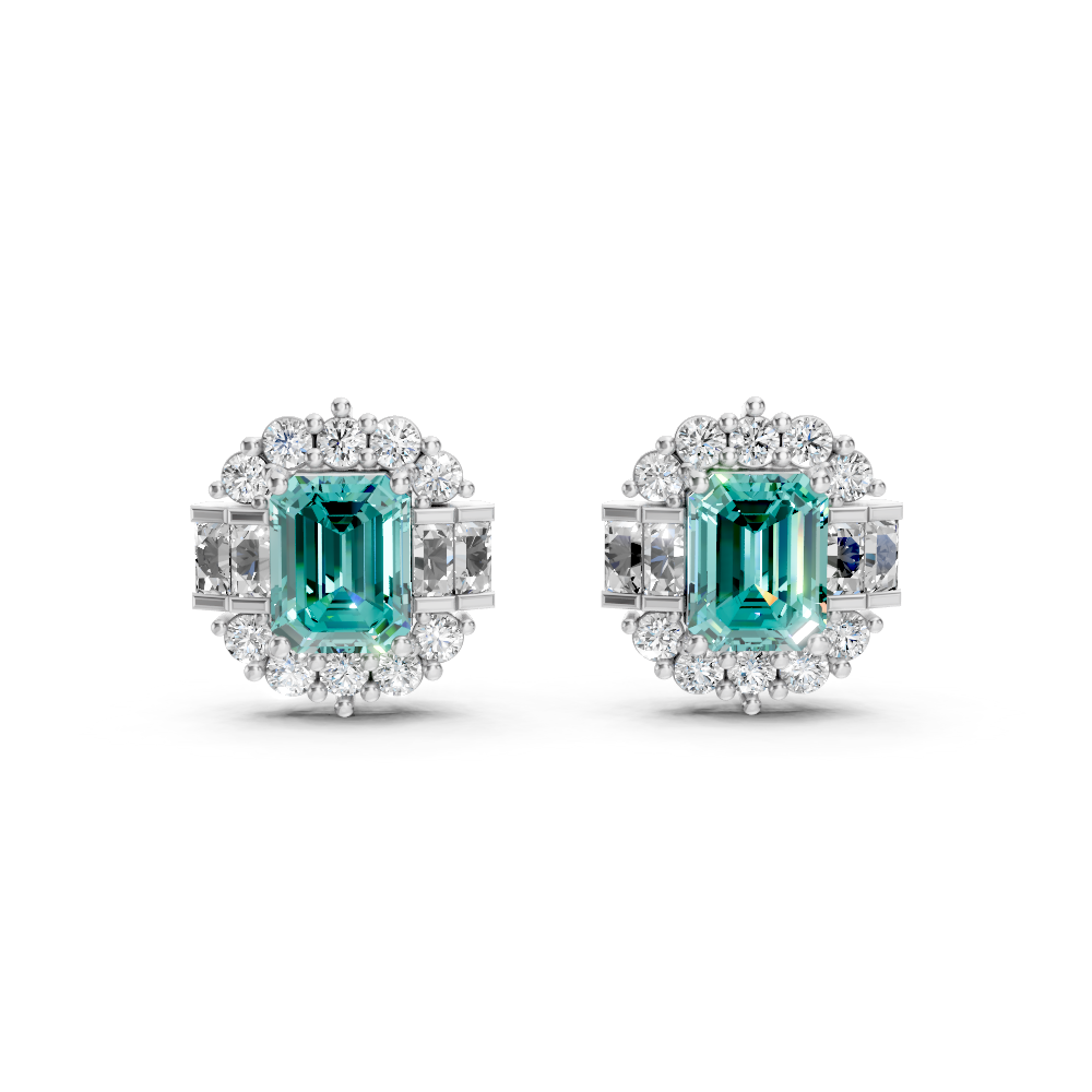 Paraiba Tourmaline Art Deco Baguette & Round Halo Stud Earrings