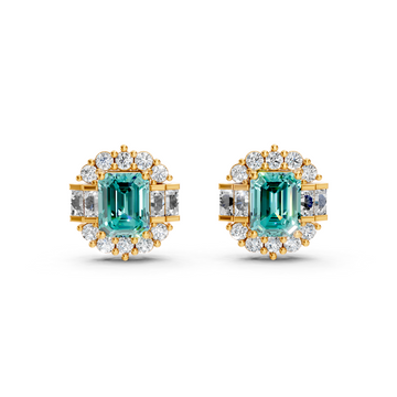 Paraiba Tourmaline Art Deco Baguette & Round Halo Stud Earrings