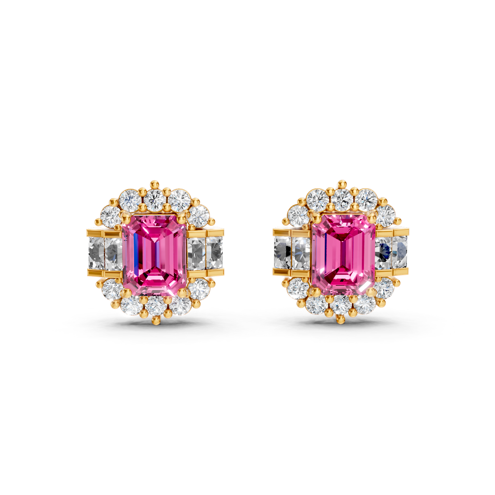Pink Sapphire Art Deco Baguette & Round Halo Stud Earrings