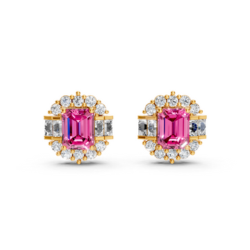 Pink Sapphire Art Deco Baguette & Round Halo Stud Earrings