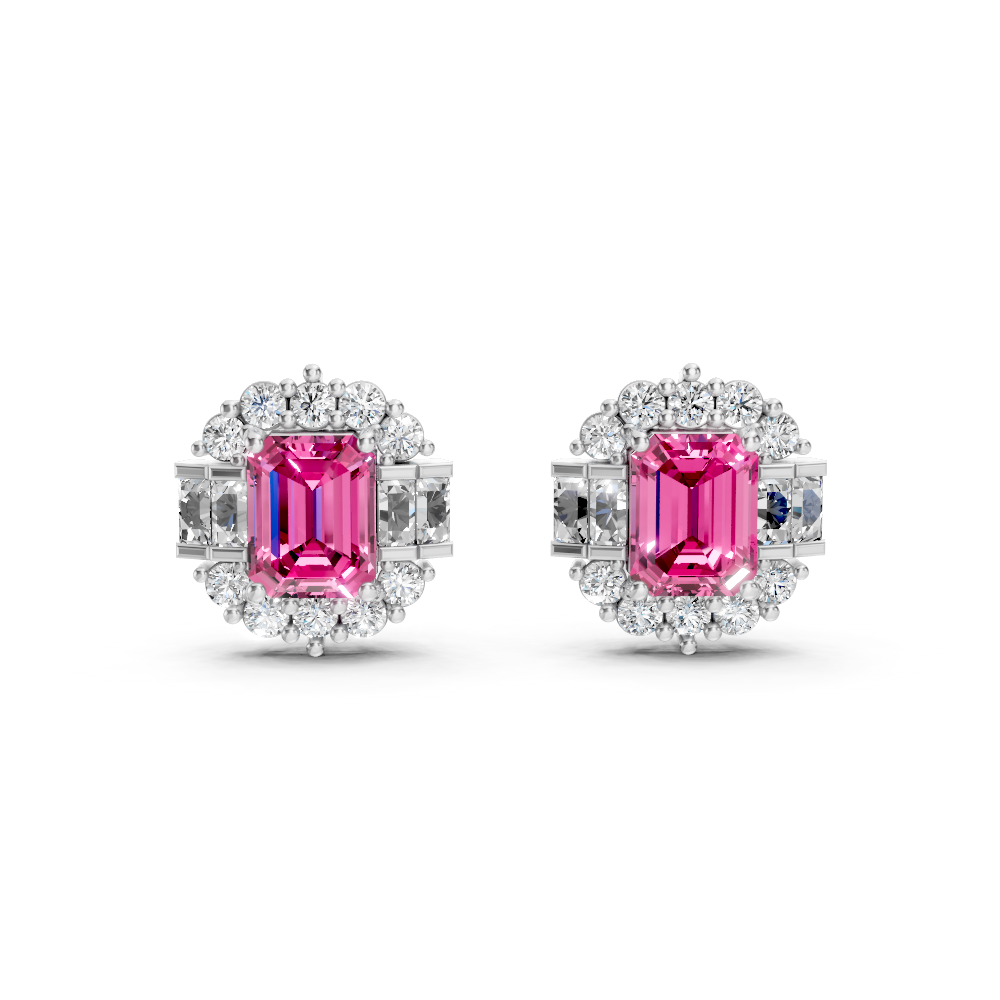 Pink Sapphire Art Deco Baguette & Round Halo Stud Earrings
