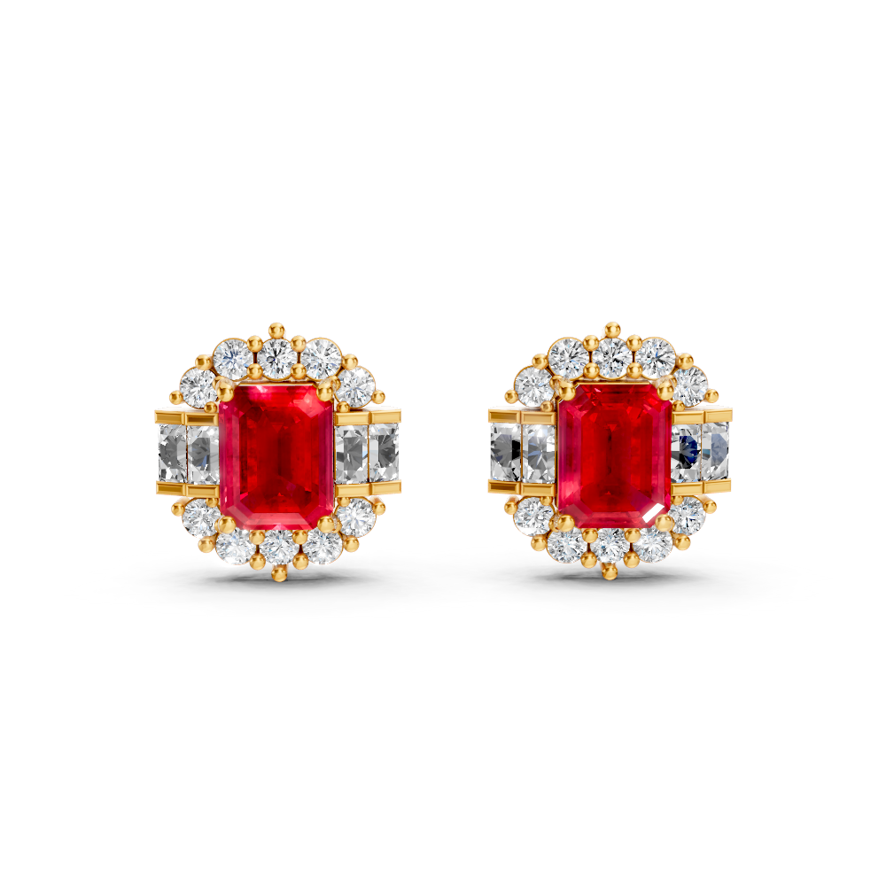 Ruby Art Deco Baguette & Round Halo Stud Earrings