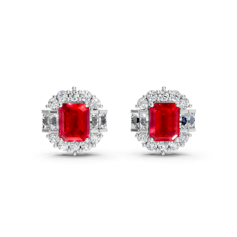 Ruby Art Deco Baguette & Round Halo Stud Earrings