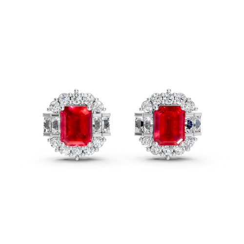 Ruby Art Deco Baguette & Round Halo Stud Earrings