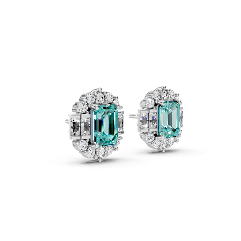 Paraiba Tourmaline Art Deco Baguette & Round Halo Stud Earrings