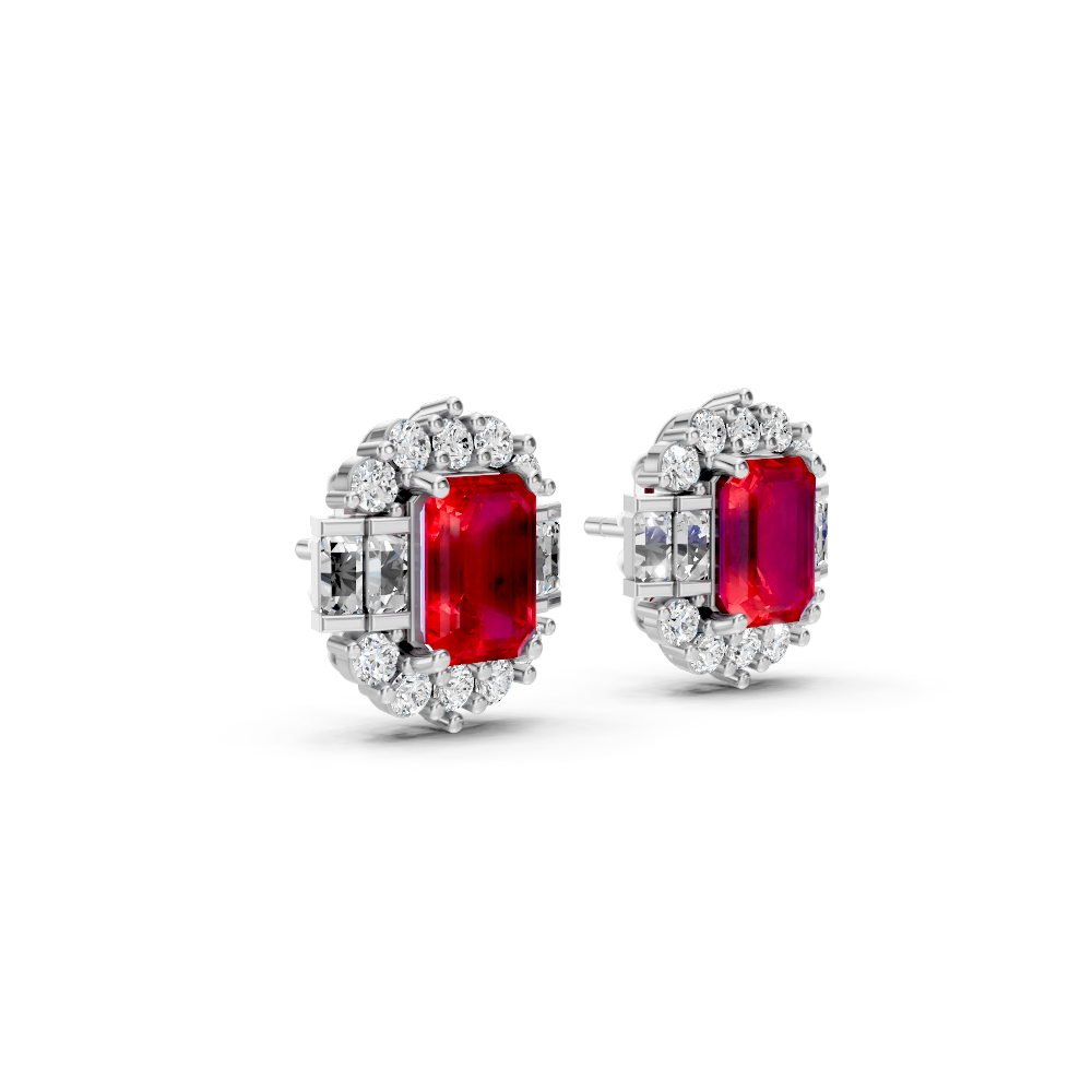 Ruby Art Deco Baguette & Round Halo Stud Earrings