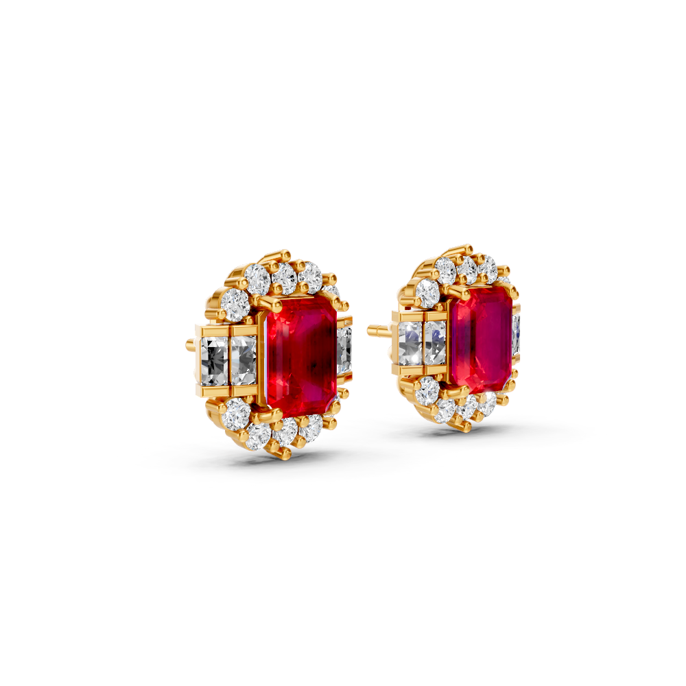 Ruby Art Deco Baguette & Round Halo Stud Earrings