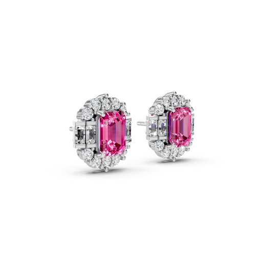 Pink Sapphire Art Deco Baguette & Round Halo Stud Earrings