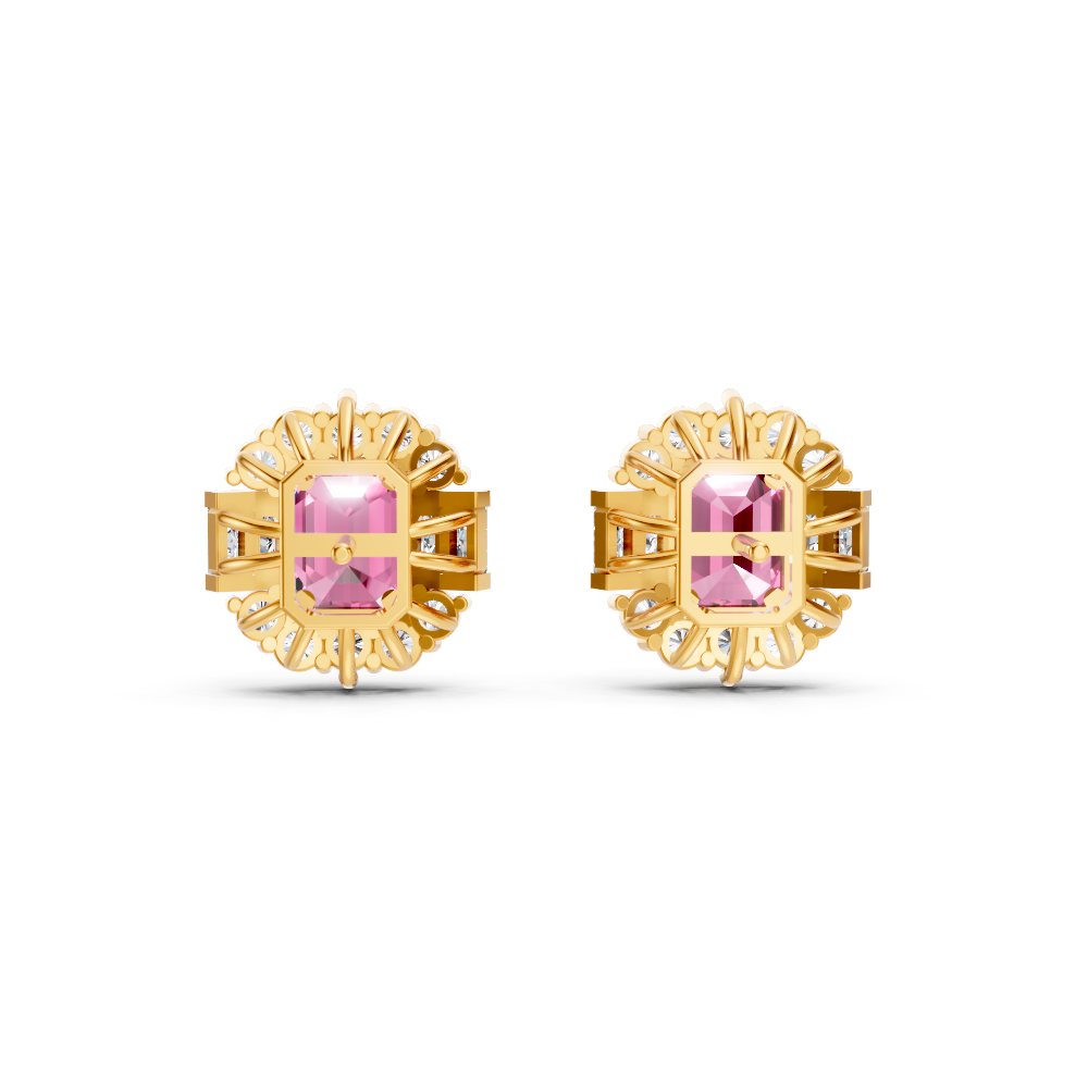 Pink Sapphire Art Deco Baguette & Round Halo Stud Earrings
