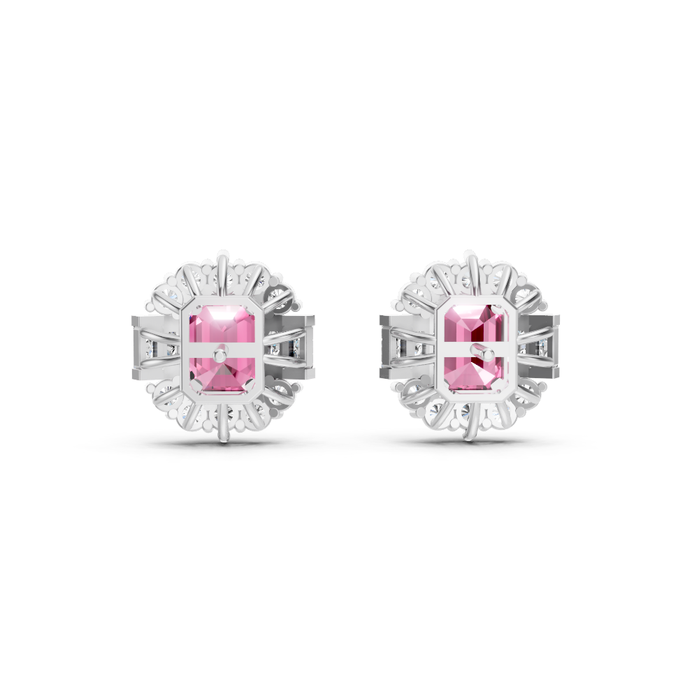 Pink Sapphire Art Deco Baguette & Round Halo Stud Earrings