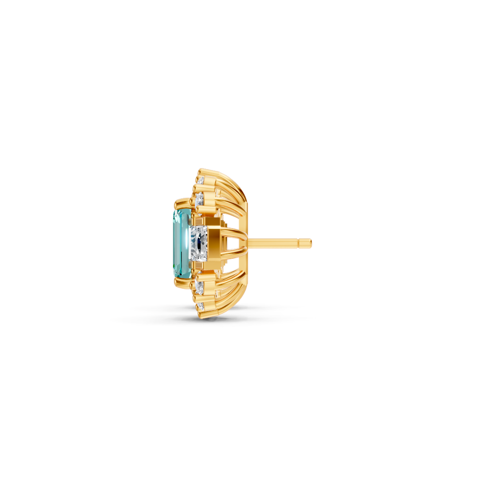Paraiba Tourmaline Art Deco Baguette & Round Halo Stud Earrings