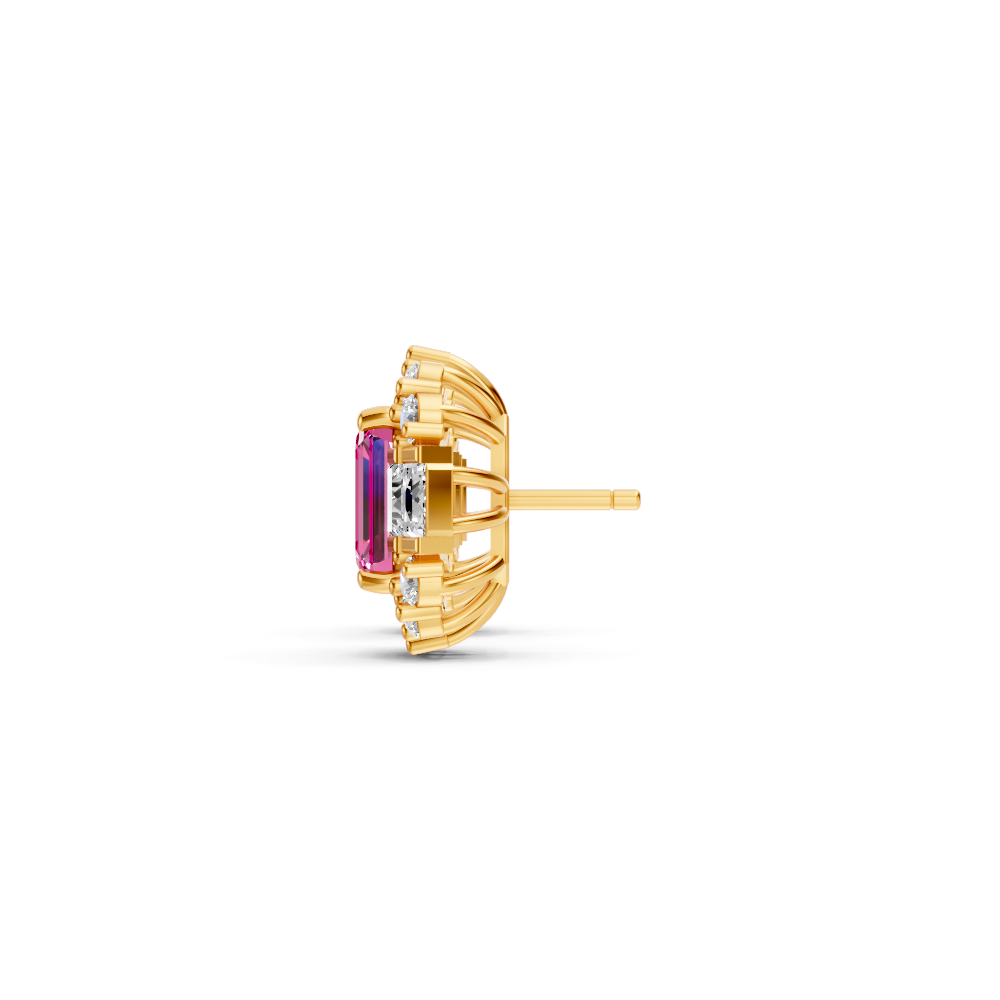 Pink Sapphire Art Deco Baguette & Round Halo Stud Earrings