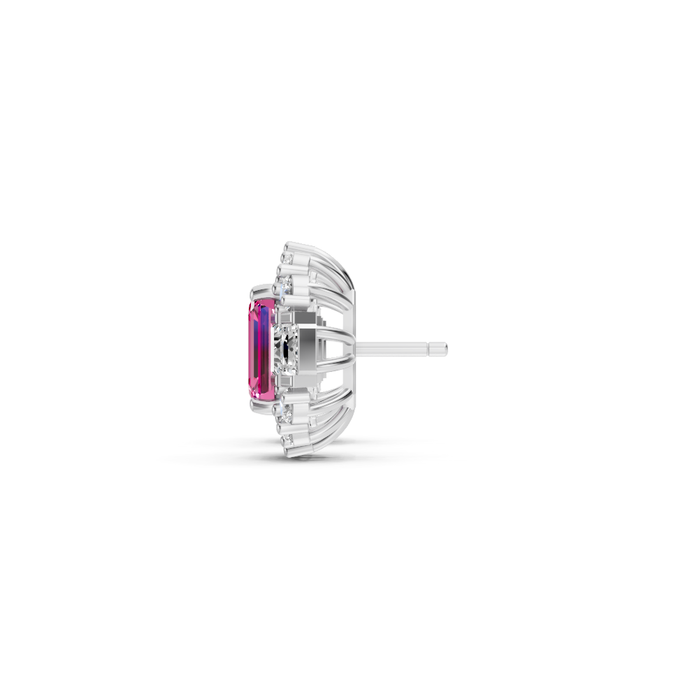 Pink Sapphire Art Deco Baguette & Round Halo Stud Earrings