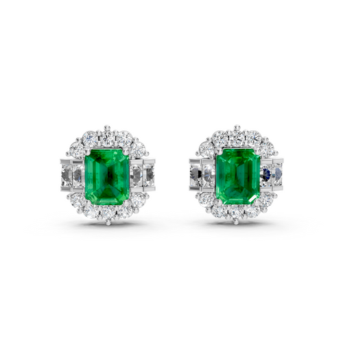 Colombian Emerald Art Deco Baguette & Round Halo Stud Earrings